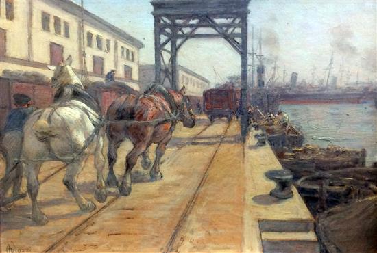 § Alessandro Viazzi (1872-1956), oil on board, Harbour scene with horses hauling wagons